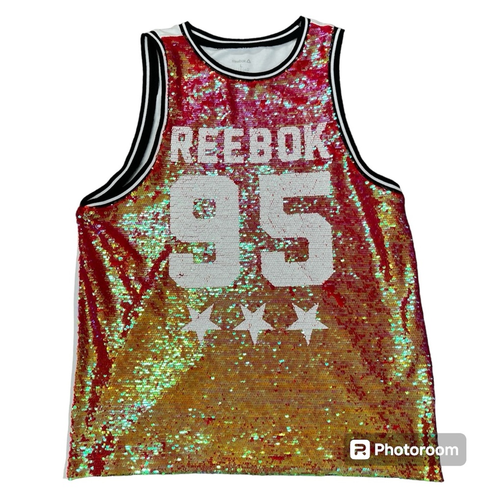 Reebok Studio Sequin Boyfriend Varsity Basketball Tank Top Vest L Red Women's